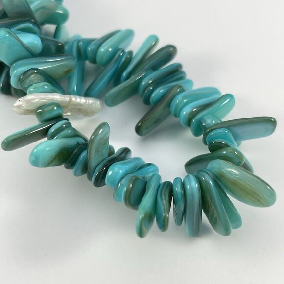 Turquoise Blue Mother of Pearl Shell Chip Stretch Bracelet Boho Statement Cute - Picture 3 of 5